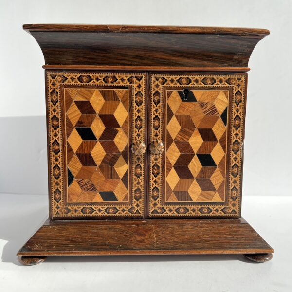 tunbridge ware jewellery cabinet, plain mahogany sides, parquetry doors