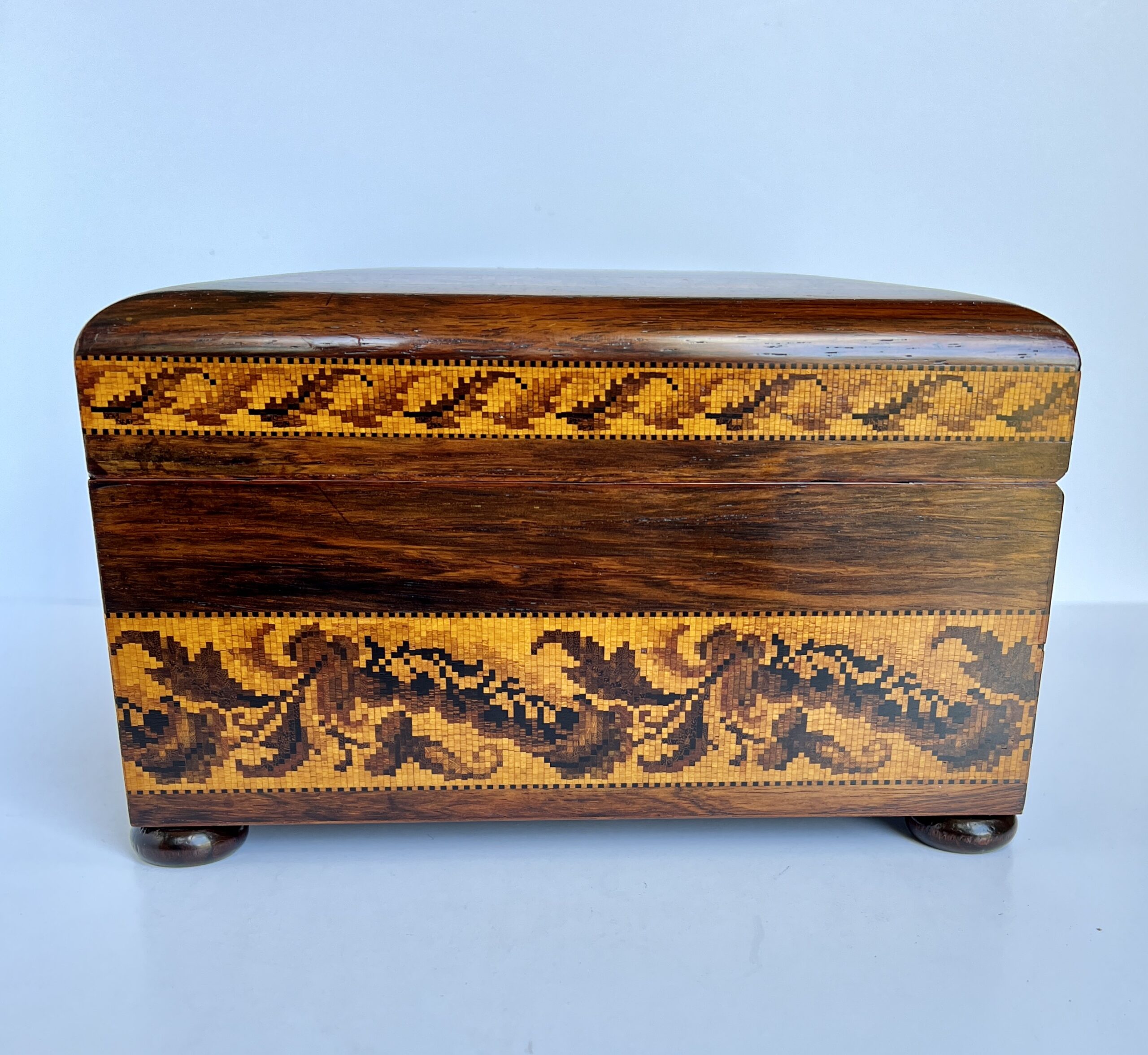 tunbridge ware, sewing box, side view