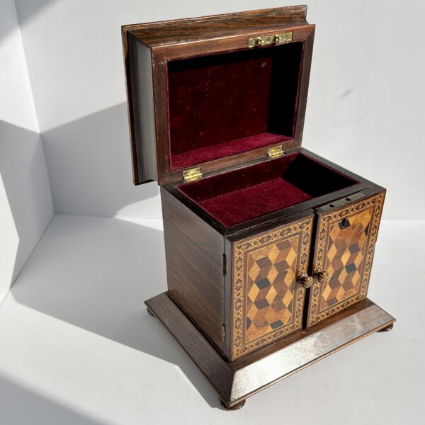 tunbridge ware jewellery cabinet, open top view