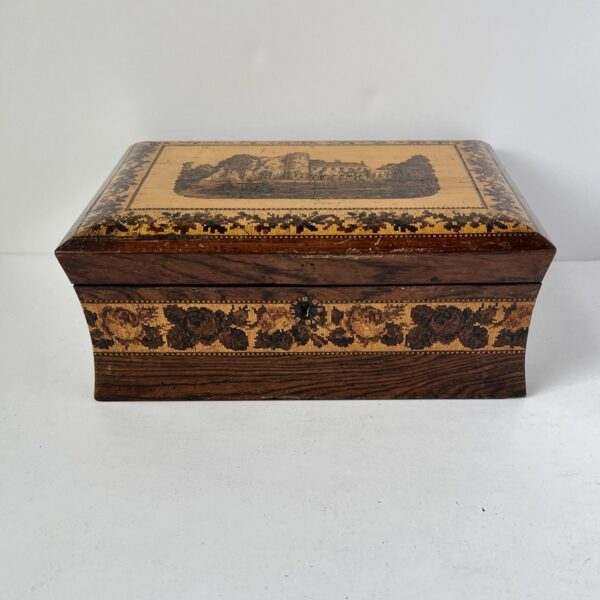 Tunbridge Ware jewellery casket depicting tonbridge castle