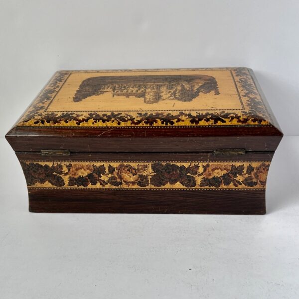 Tunbridge Ware jewellery casket depicting tonbridge castle